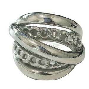 Sterling Silver Tone Multi-Row Chain and Smooth Ring